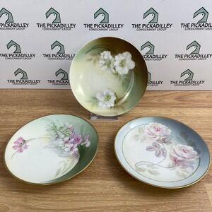 RS Germany E&R Hand Painted Floral Porcelain Plates Set of 3 Gold Trim 6.25 inch